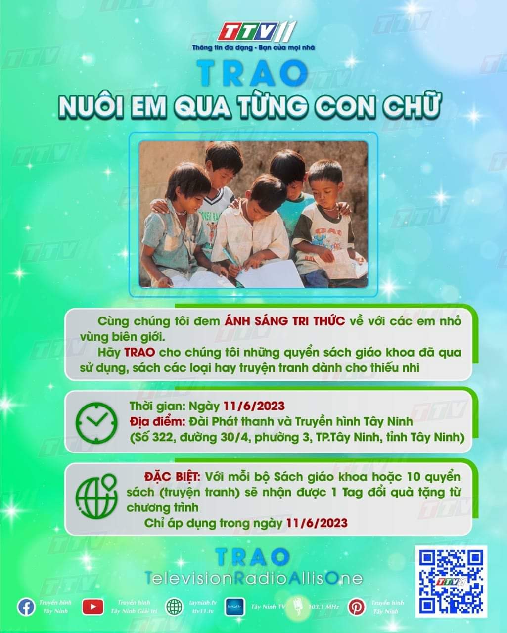 📺 Chương trình TRAO do Đài Phát thanh – Truyền hình Tây Ninh tổ chức lần đầu tiên, và ngày hội TRAO sách – NHẬN quà sẽ diễn ra duy nhất vào ngày 11/6/2023.